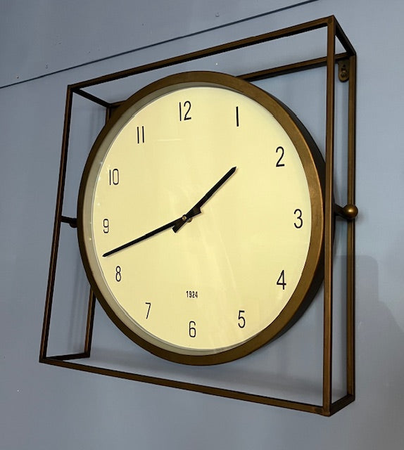 Clock-round with square metal (open shadowbox) frame