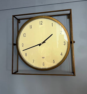 Clock-round with square metal (open shadowbox) frame